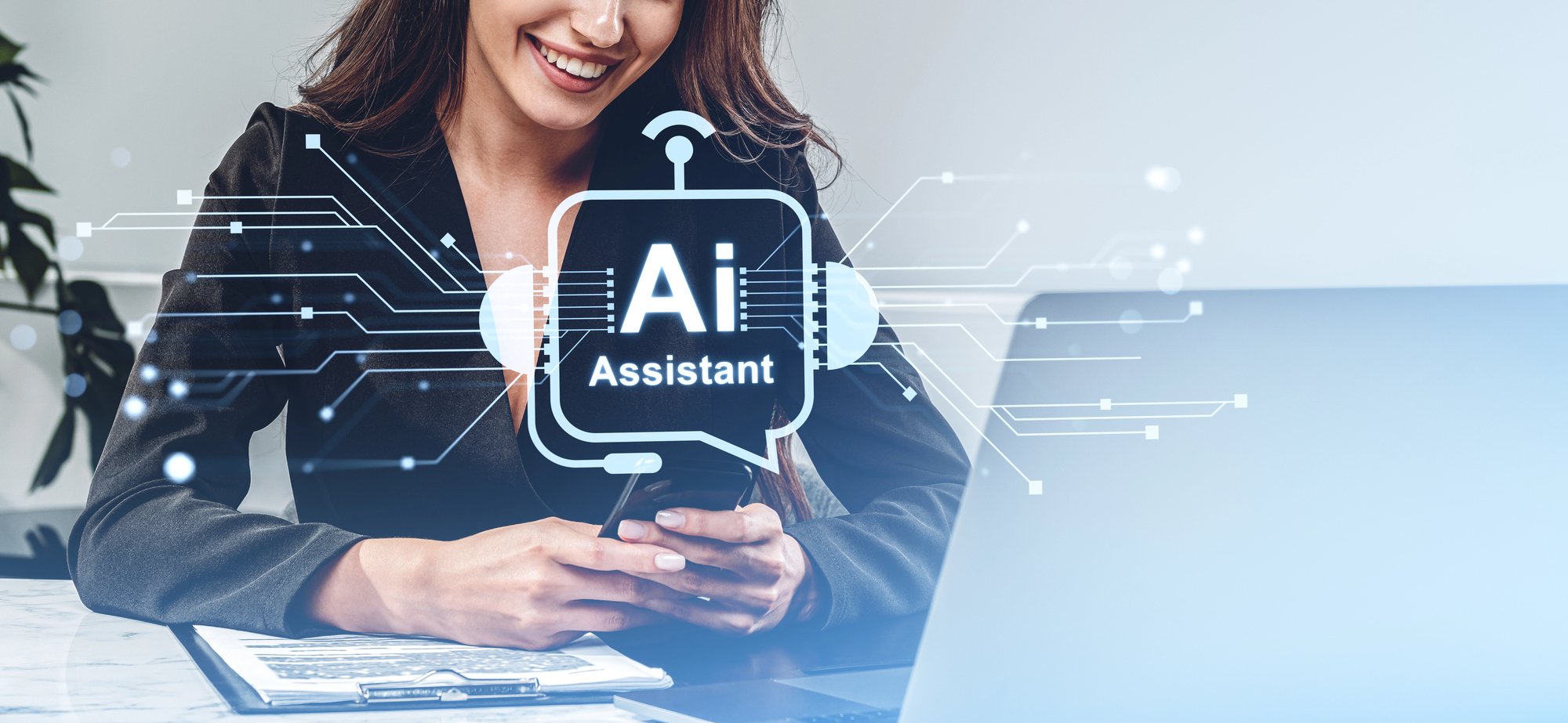 chatgpt and client data picture of woman on smart phone using AI assistant