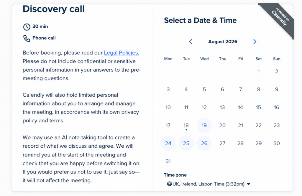 Calendly discovery-call booking page showing links to legal policies, a warning about sensitive information and advance notice of AI note-taking.