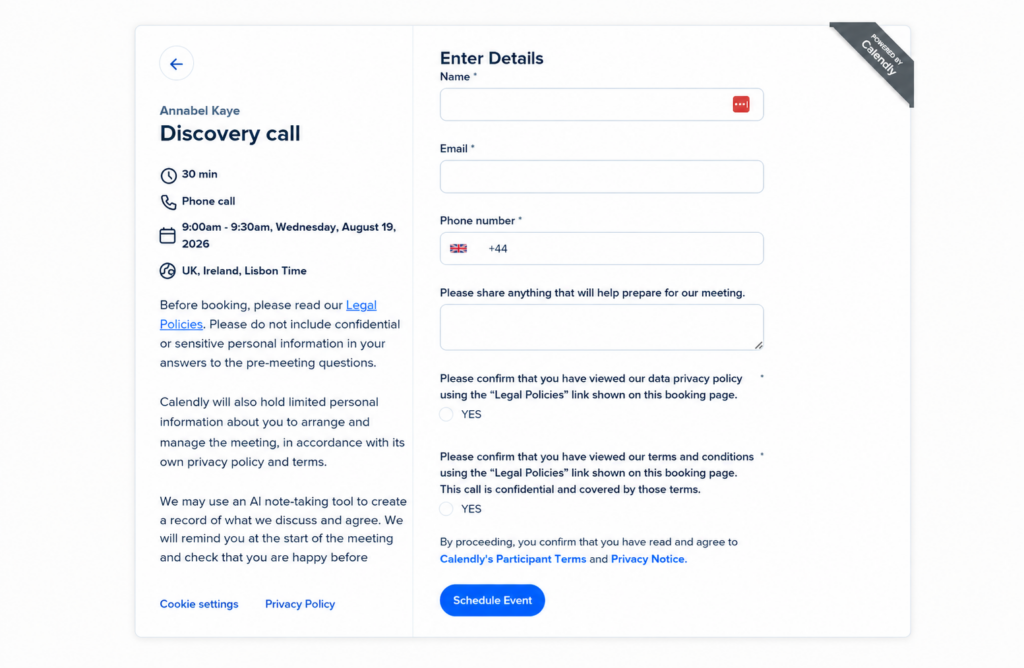 alendly discovery-call form showing pre-meeting questions and required acknowledgements of the linked Data Privacy Policy and Terms and Conditions